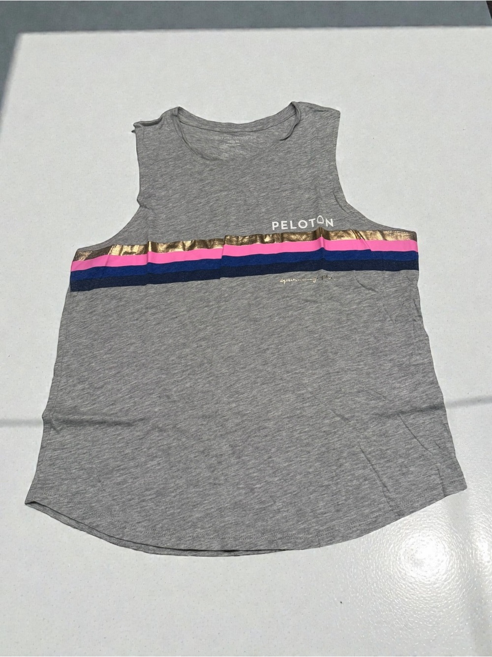 Peloton Gray Tank with Gold, Pink & Blue Stripe Accents